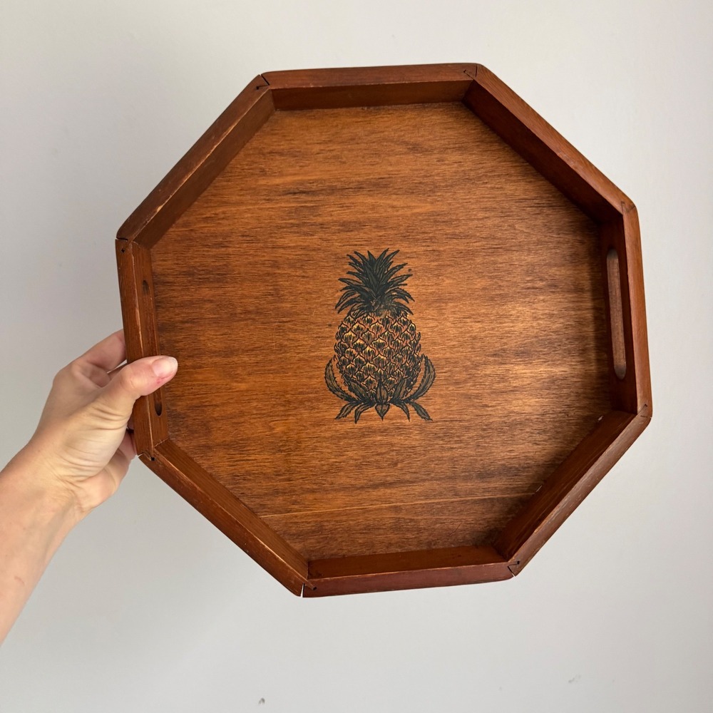 Vintage Octagonal Wood Pineapple Serving Tray with Handles Brown 12.5 Inch